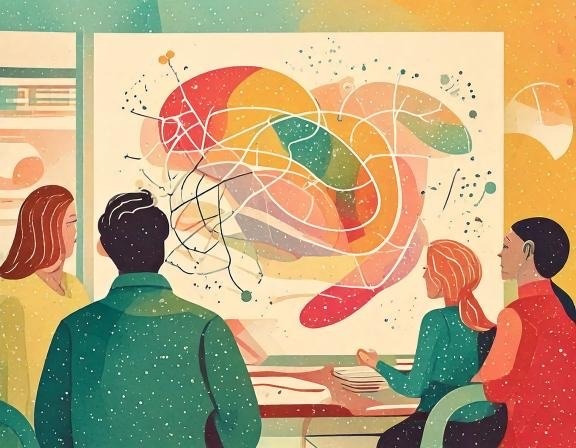 Schulungsangebote Illustration von vier Personen, die vor einem Whiteboard mit einer abstrakten Mindmap sitzen und Ideen für ein kreatives Projekt besprechen